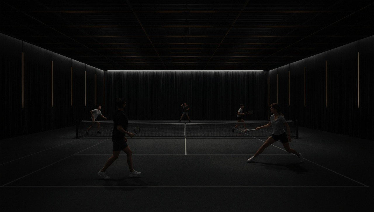 People playing badminton in a dark indoor court with illuminated walls.