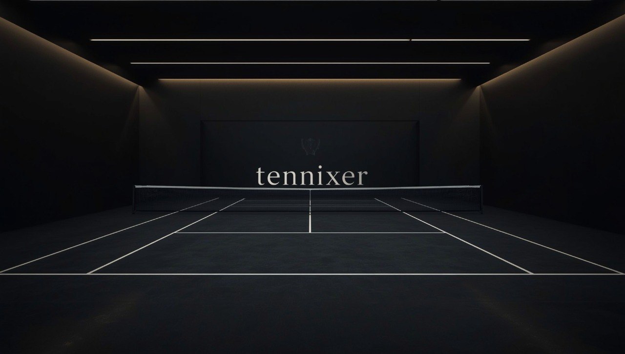 Dark indoor tennis court with 'tennixer' branding