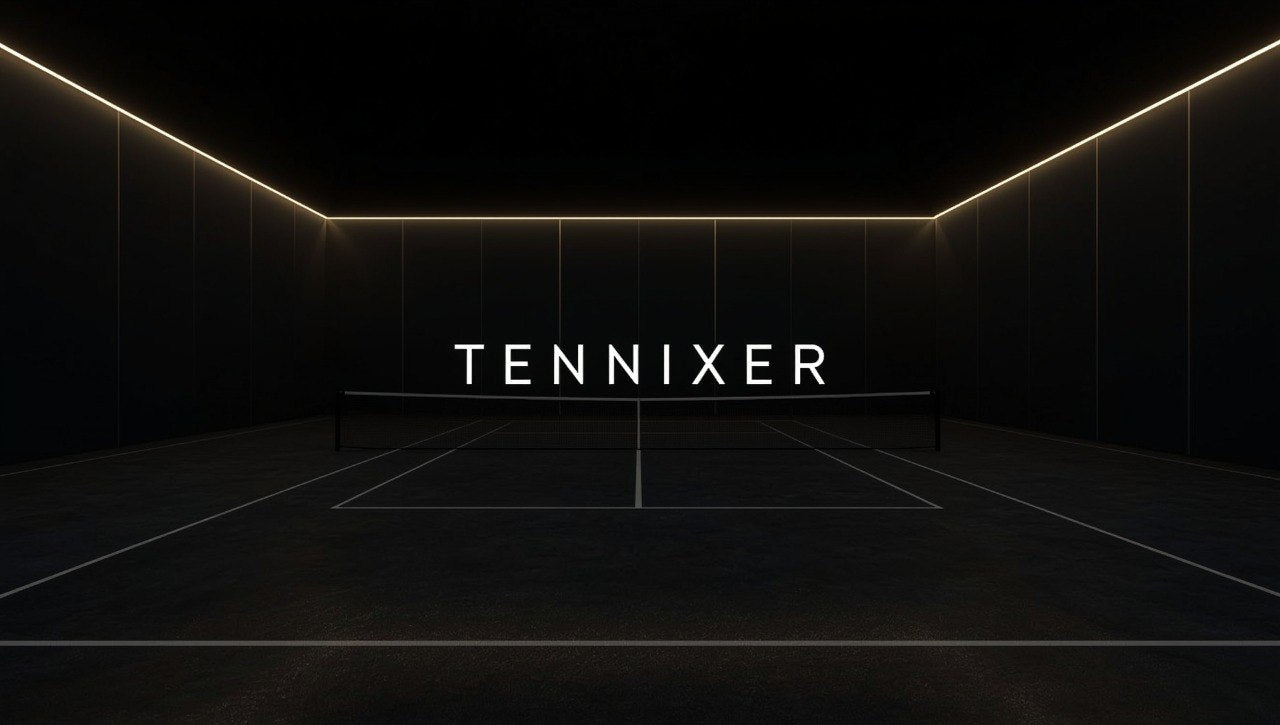 Dark indoor tennis court with 'Tennixer' branding