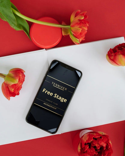 Phone displaying 'Tennixner Free Stage Membership' on a red and white background with flowers.