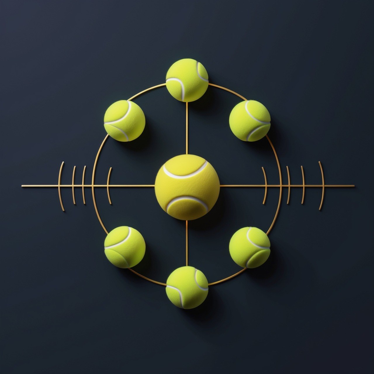Yellow tennis balls arranged in a circular pattern on a dark background