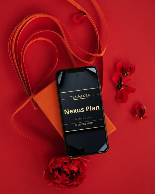 Phone displaying 'Tennixer Nexus Plan' on a red background with decorative elements