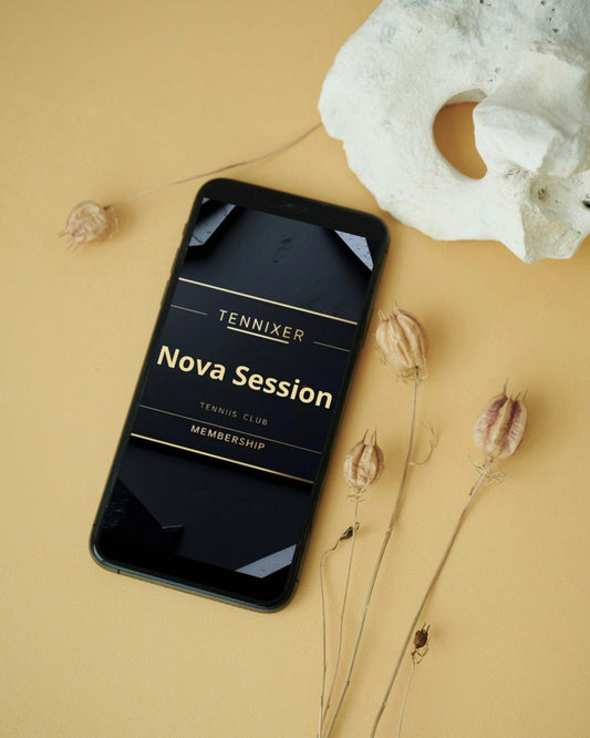 Phone displaying 'Tennixer Nova Session' on a beige surface with decorative elements