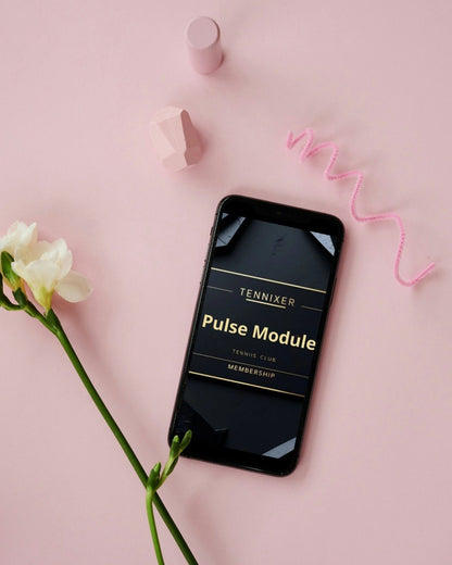 Phone displaying 'Tennixer Pulse Module' on a pink background with flowers and decorative elements.